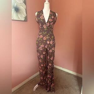 Flynn Skye Mauve Cottagecore rose floral halter romper wide leg, romantic XS
